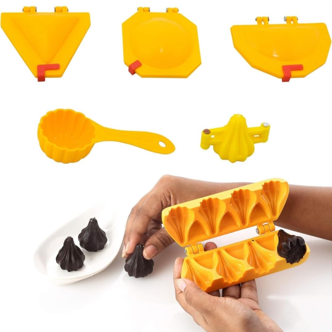 Skytail Prasad Laddoo Mould & 4-Slot Samosa Kachori Maker - Plastic Modak Sancha for Indian Sweets, Chocolate, Gujhia - Perfect for Ganesh Chaturthi, Diwali Festivals & Home Cooking