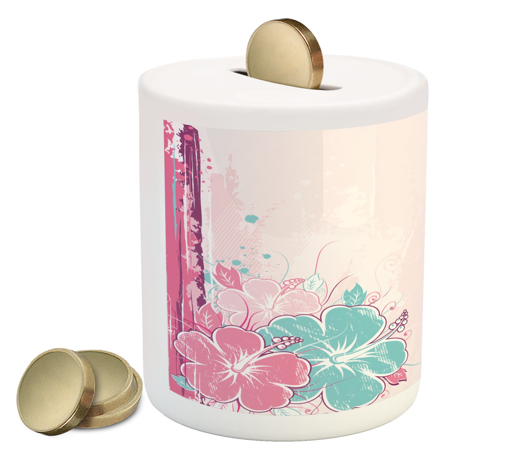 Ambesonne Floral Ceramic Piggy Bank - Hibiscus Watercolor Design Money Box for Cash Saving, Pale Pink Fuchsia Turquoise | Unique Gift for Kids, Teens & Home Decor | Perfect for Birthday, Graduation & Savings Goals