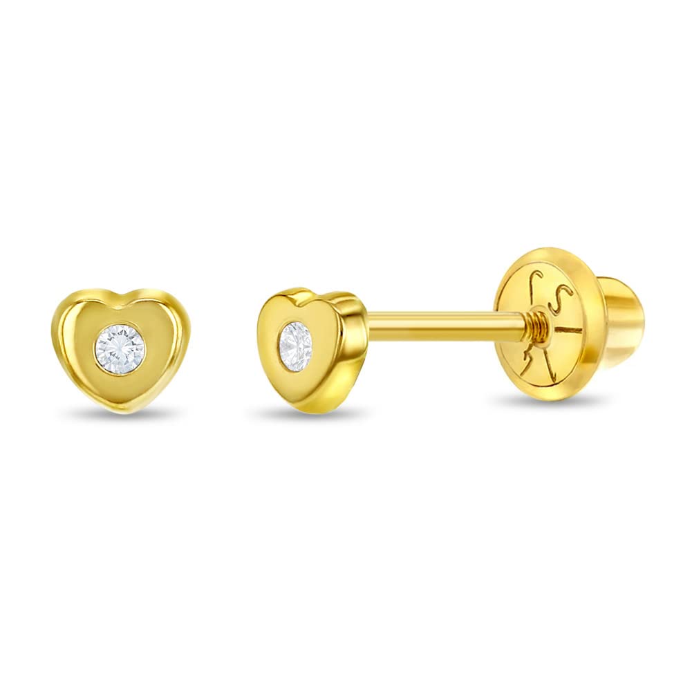 14K Yellow Gold 3mm Tiny Cubic Zirconia Heart Screw Back Earrings for Baby Girls & Toddlers - Cute Elegant Heart CZ Stud Earrings with Secure Locking Back - Perfect for Christenings, Birthdays & Special Occasions