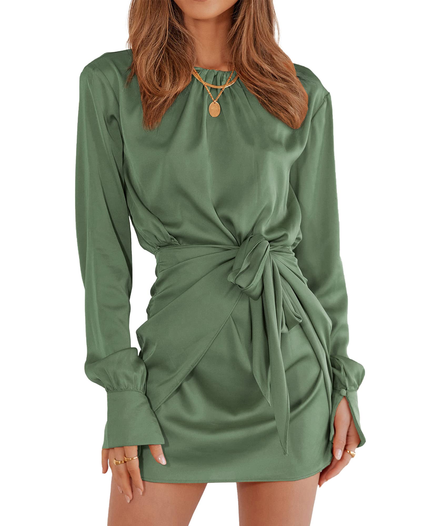 BTFBM Women's Casual Long Sleeve Wrap Dress - Ruched Crew Neck, Tie Waist Short Party Dress in Satin Fabric | Perfect for Cocktail Parties, Date Nights & Office Wear
