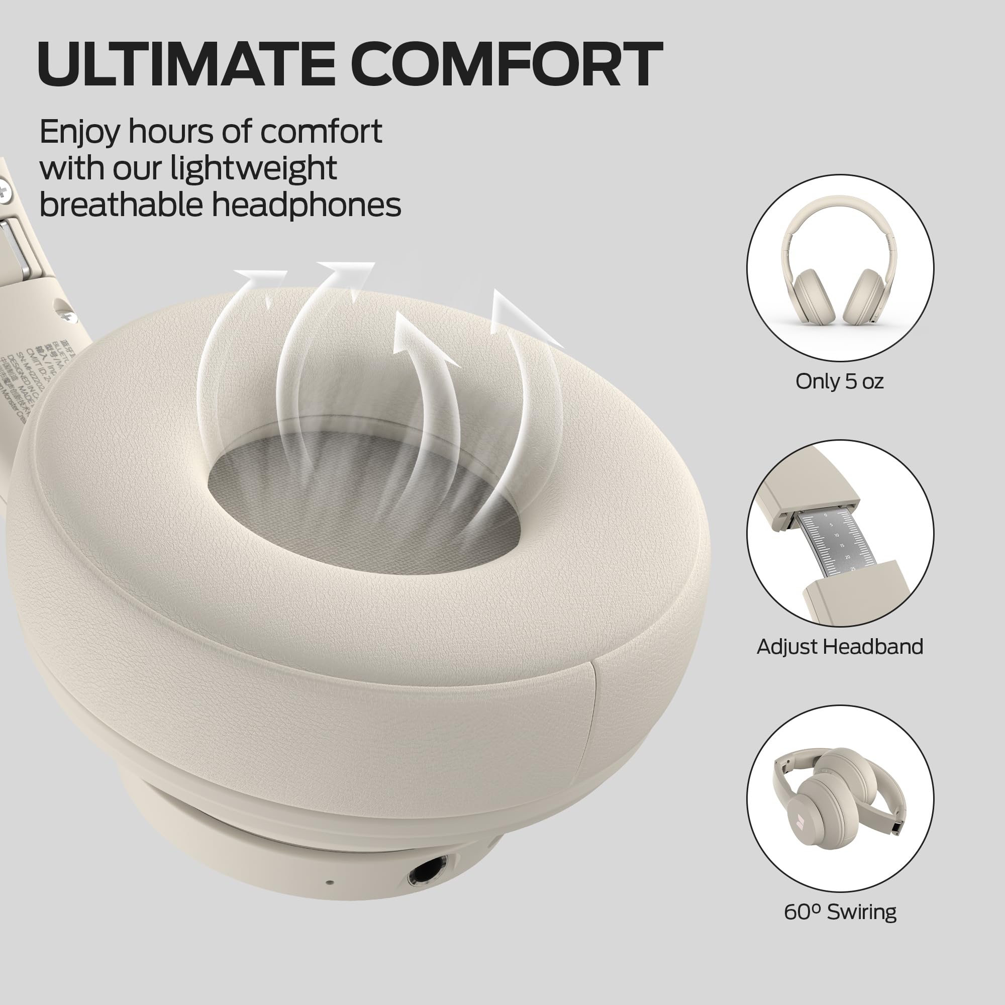 Monster Mission 100 Bluetooth Headphones - Wireless On-Ear Headphones with Immersive Bass, Crystal Clear Calls, 40H Playtime & Bluetooth 5.4 - Comfortable Lightweight Design for Travel, Work, Gym & Home Use (White)