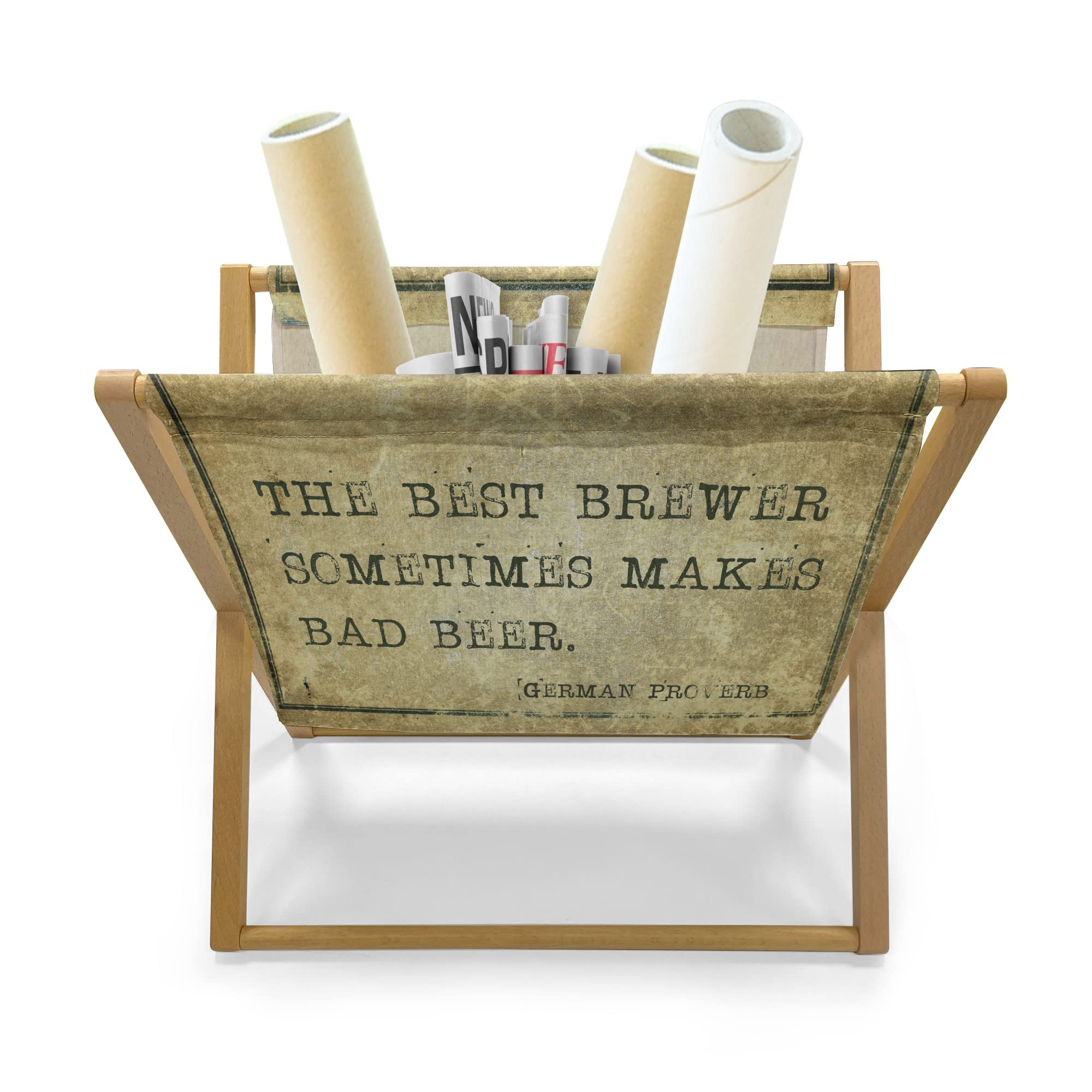 Lunarable Man Cave Magazine & Book Holder - German Proverb Wisdom Brewer Beer Philosophy Design - 22x19 Inch Floor Rack Organizer for Office, Home, School - Pale Brown Army Green - Perfect for Home Libraries, Man Caves & Reading Nooks