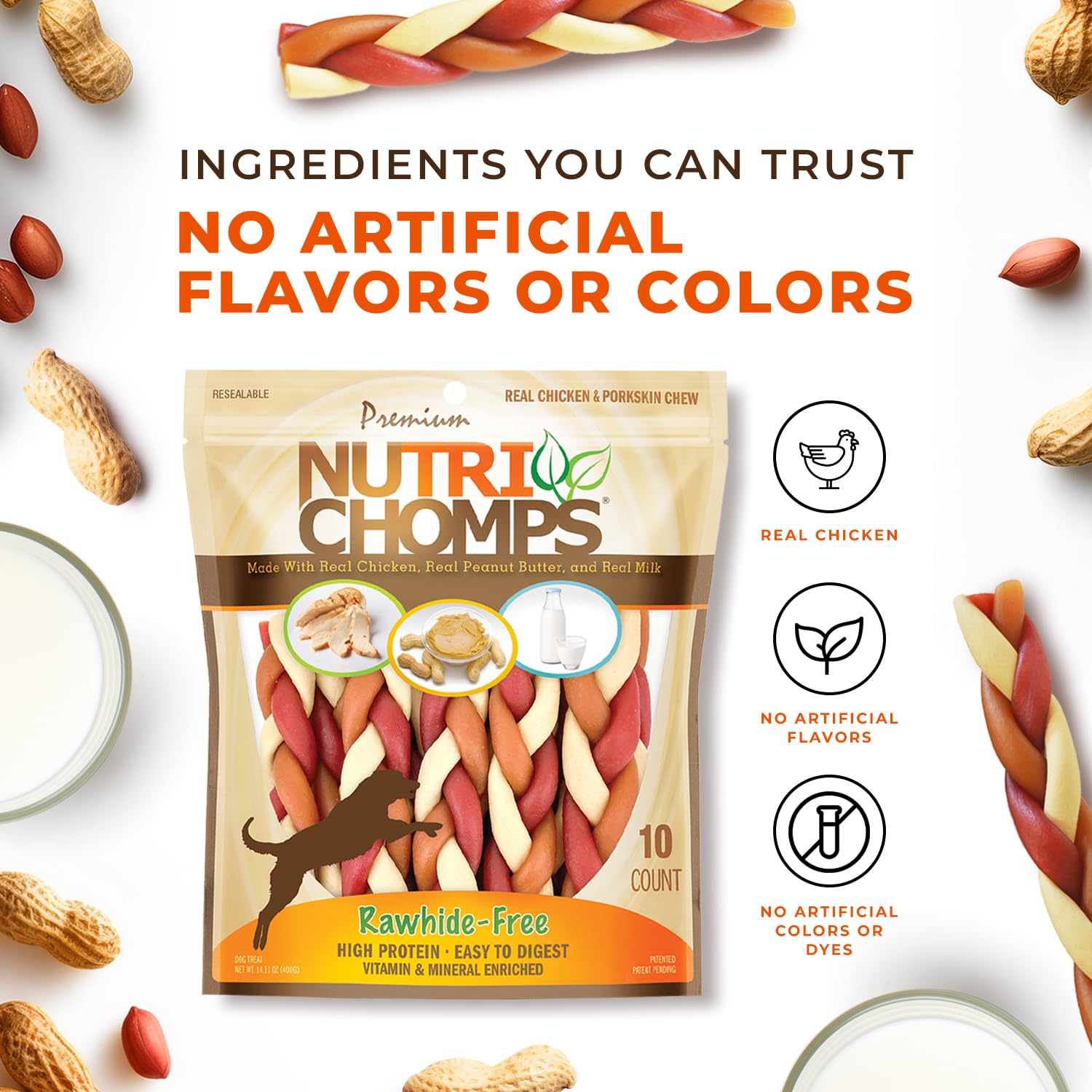 NutriChomps Healthy Dog Chews - 6-inch Braided Rawhide-Free Treats with Real Chicken, Peanut Butter & Milk Flavors (10 Count) | Easy to Digest Dental Chews for Medium & Large Dogs | Perfect for Training, Teething & Oral Care
