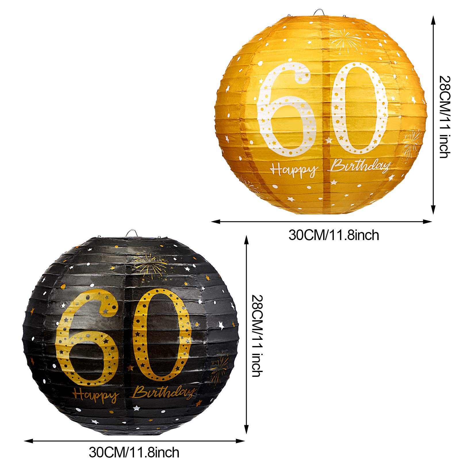 6 Pack Black Gold Glitter Hanging Paper Lanterns - Birthday Party Decorations for Men, Women, Teens - 60th Anniversary Party Supplies - Perfect for Indoor/Outdoor Celebrations, Baby Showers & Graduations