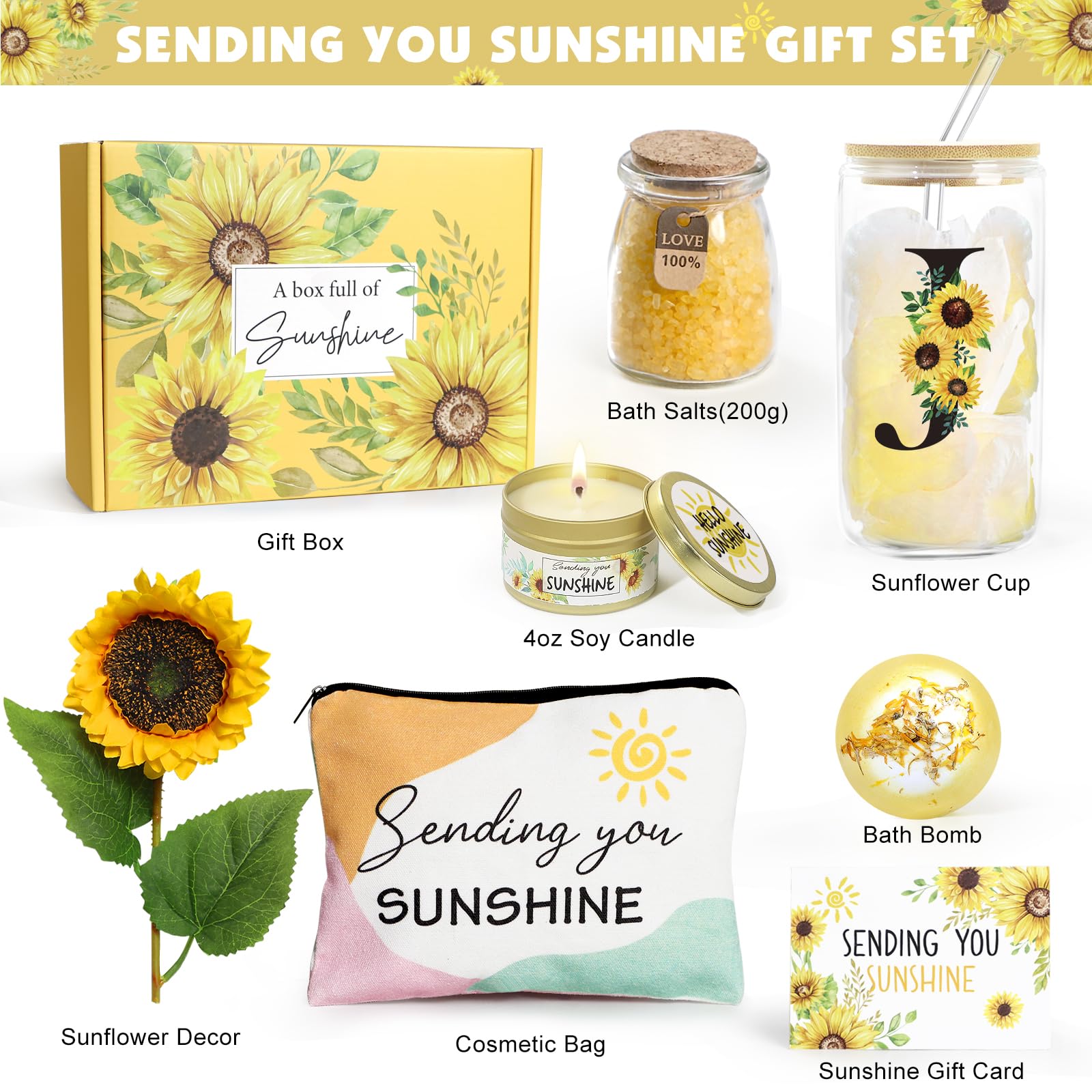 Personalized Sunflower Initial Gifts for Women - Monogrammed Self Care Spa Birthday & Get Well Soon Gifts - Sunshine Themed Gift Baskets - Perfect for Birthdays, Recovery, Spa Days & Special Occasions