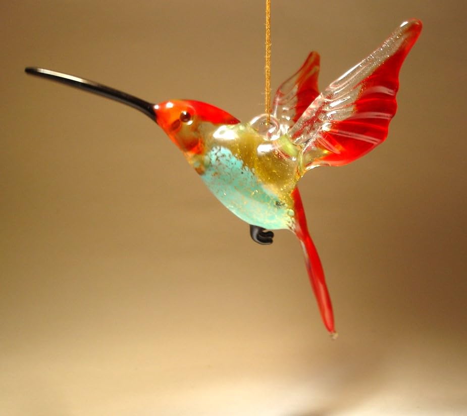 Red and Blue Glass Hanging Hummingbird Ornament - Handmade Garden Decor for Outdoor Patio, Yard, and Window Decoration - Perfect Gift for Bird Lovers