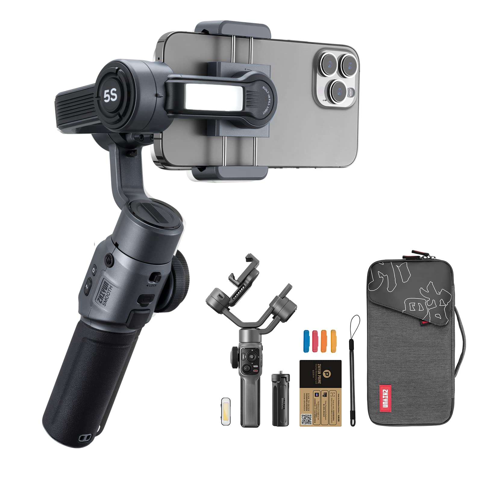 ZHIYUN Smooth 5S Combo Pro 3-Axis Handheld Gimbal Stabilizer with Dual-Side Magnetic Lights for iPhone & Android Smartphones - Portable Video Stabilizer for Vlogging, YouTube, TikTok, Live Streaming & Travel Videography