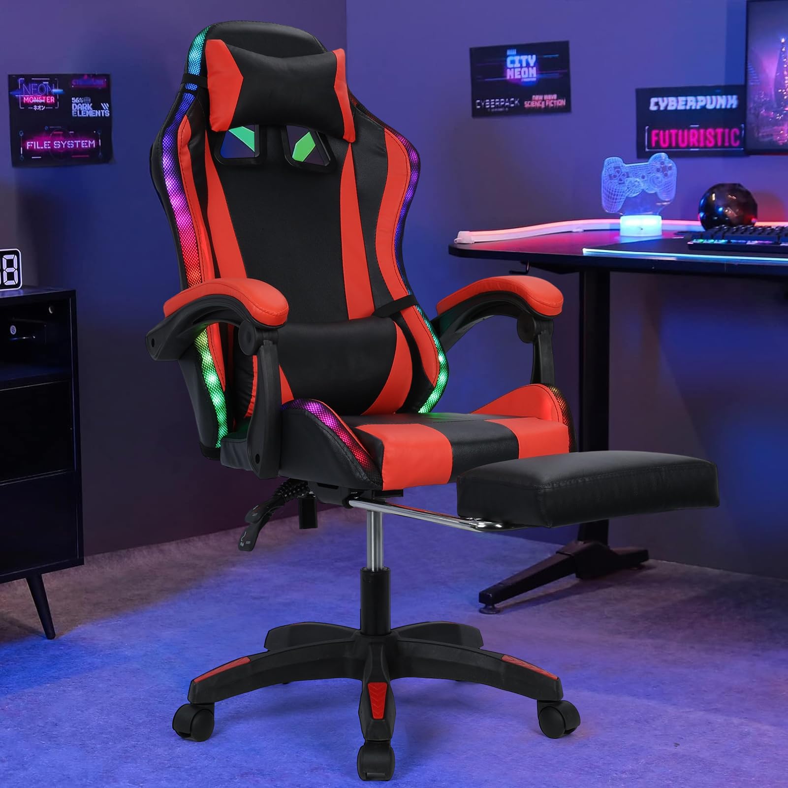 RGB Gaming Chair with Bluetooth Speakers & Massage - Adjustable Height Ergonomic Computer Chair for Adults - High Back Video Game Chair with Lumbar Support - Perfect for Esports, Streaming & Home Office