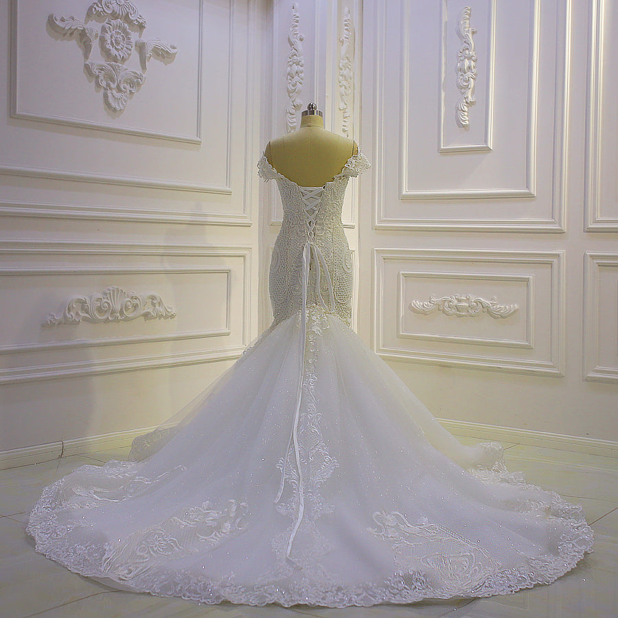 Elegant Off-Shoulder Lace Appliqued Mermaid Wedding Dress AM1037 - Perfect for Beach, Church, and Destination Weddings
