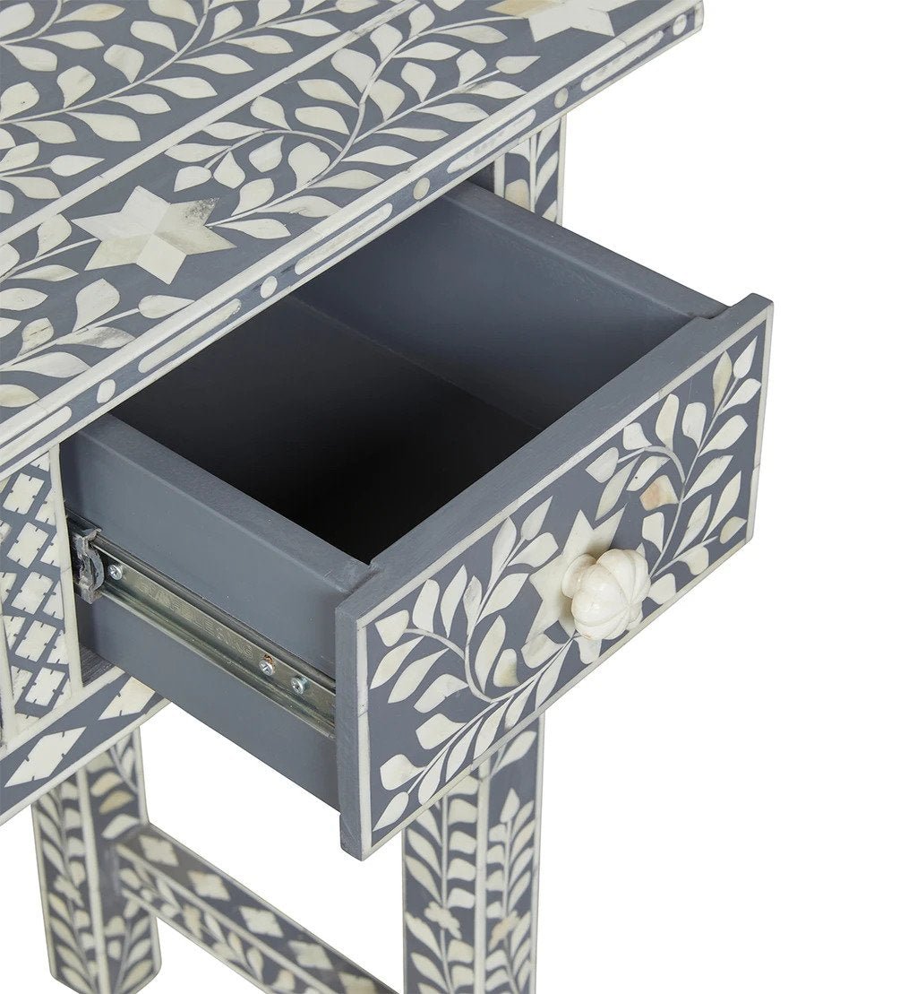 Handmade Gray Bone Inlay Floral Design Console Table with 3 Storage Drawers - Elegant Entryway Furniture for Hallway, Living Room & Foyer Decor