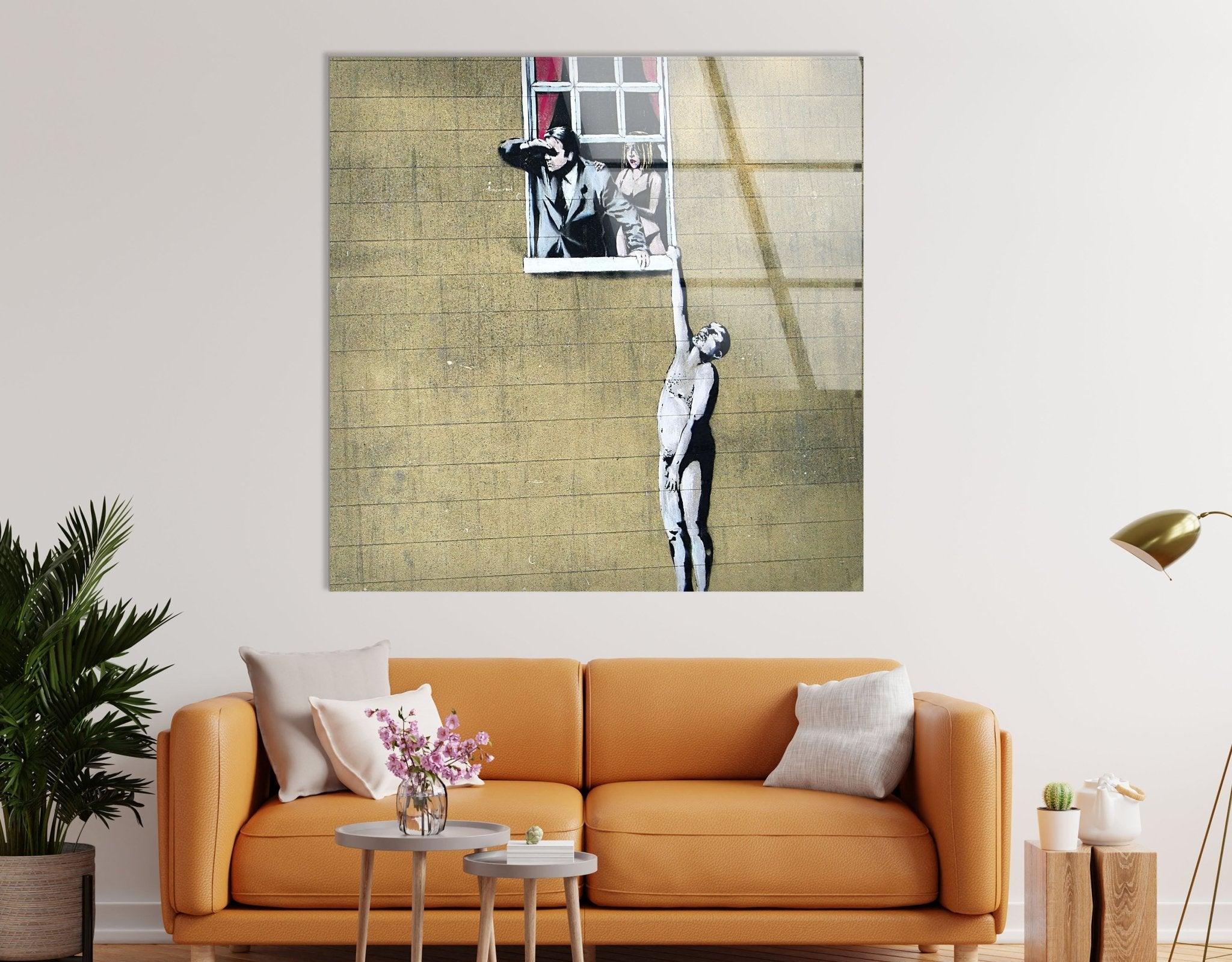 Banksy Well Hung Lover Glass Wall Art - Modern Street Art Home Decor for Living Room, Bedroom & Office - Unique Gift for Art Lovers
