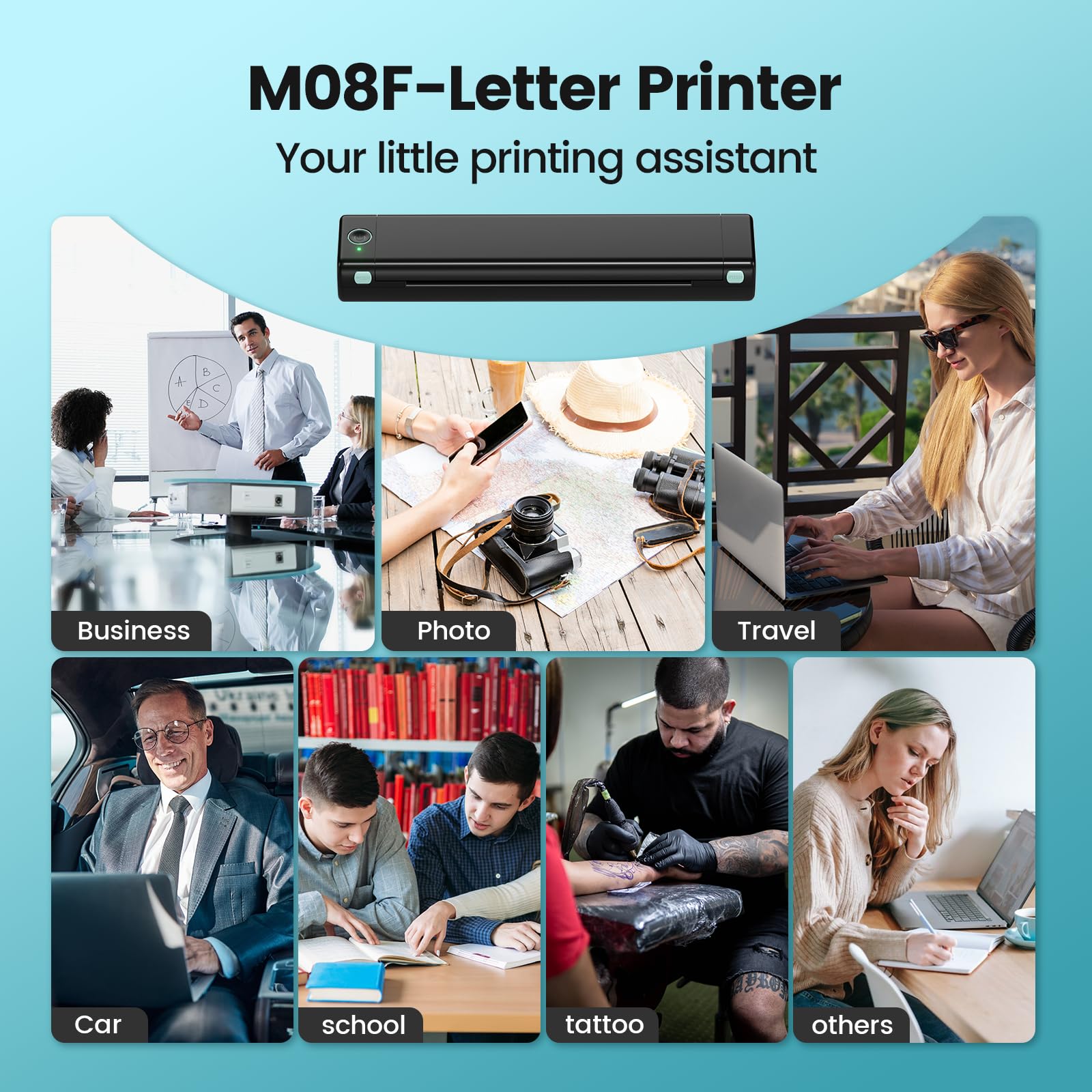 Portable Wireless Thermal Printer M08F - Bluetooth & USB-C Compatible for Phone, Tablet, PC - Print 8.5x11