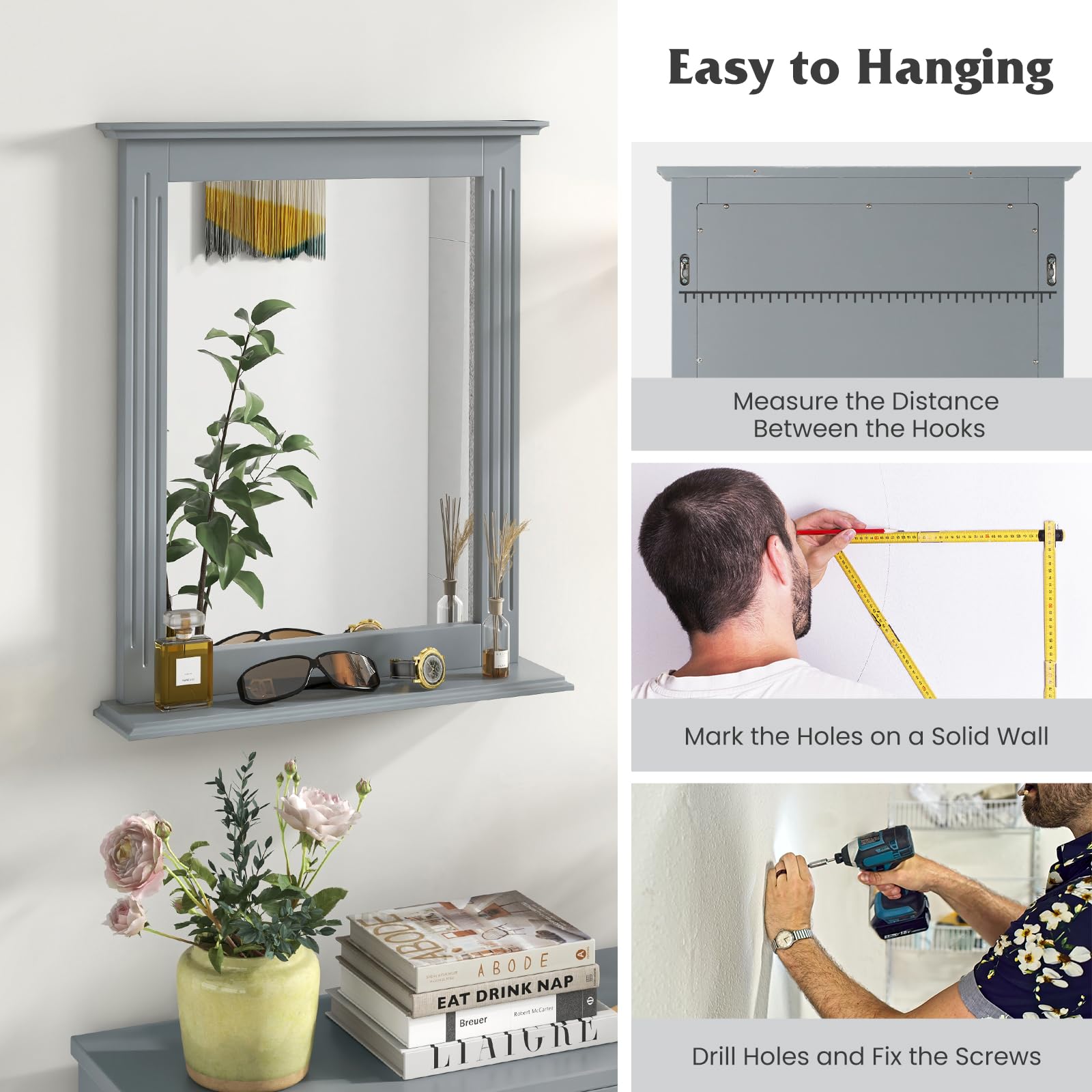 Tangkula Square Bathroom Wall Mirror with Shelf - Modern Vanity Mirror for Makeup, Dressing Room, Washroom & Bedroom - Wall Mounted Hanging Mirror (Grey) | Perfect for Daily Grooming, Home Decor & Small Space Organization