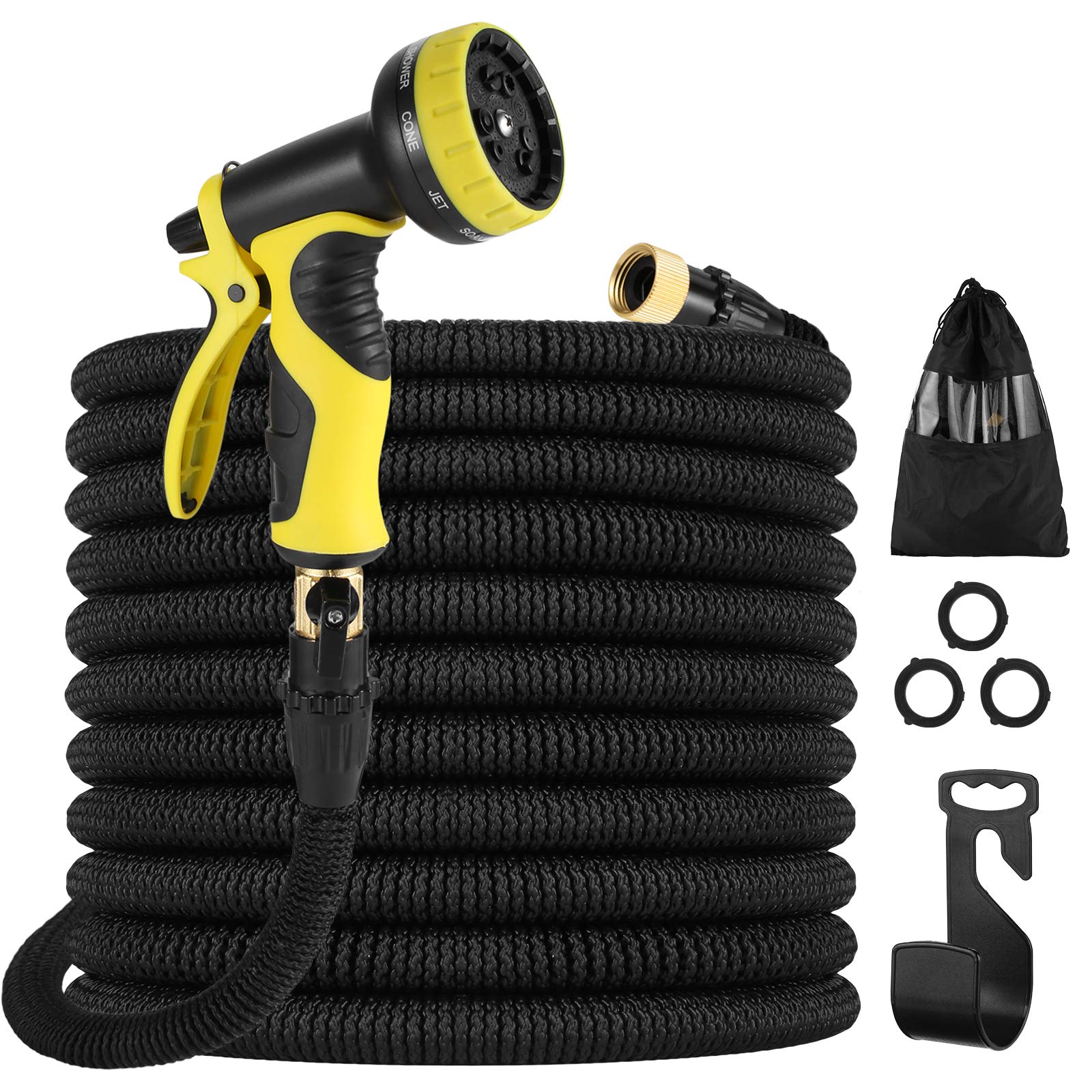 Ahomdoo 50ft Expandable Garden Hose with 10-Function Nozzle - Flexible, Lightweight, Anti-Kink Water Hose for Easy Storage (Black) - Perfect for Watering Plants, Washing Cars, and Outdoor Cleaning