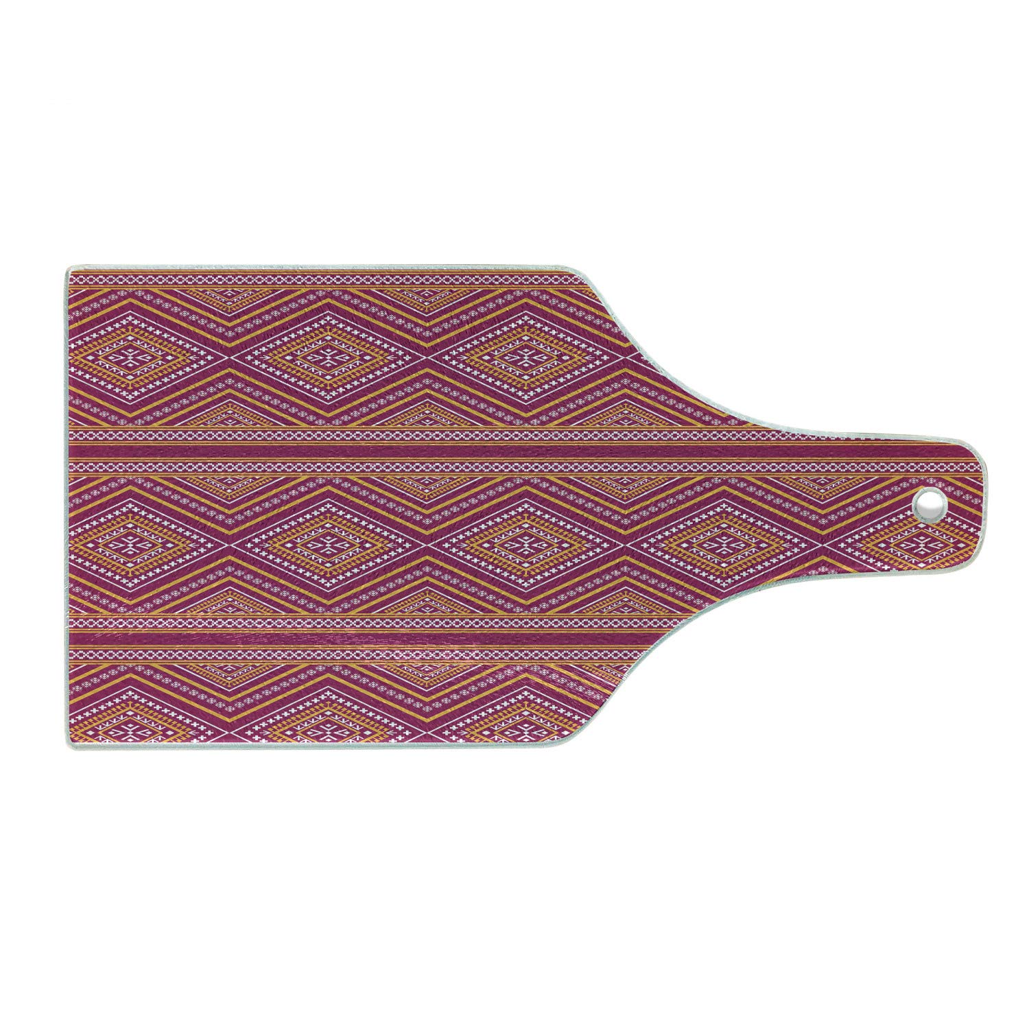Ambesonne Ethnic Cutting Board - Bicolor Geometric Folk Art Design, Tempered Glass Serving Board for Kitchen & Dining, Wine Bottle Shape in Dark Magenta & Marigold White | Perfect for Charcuterie, Cheese Display & Wine Pairing