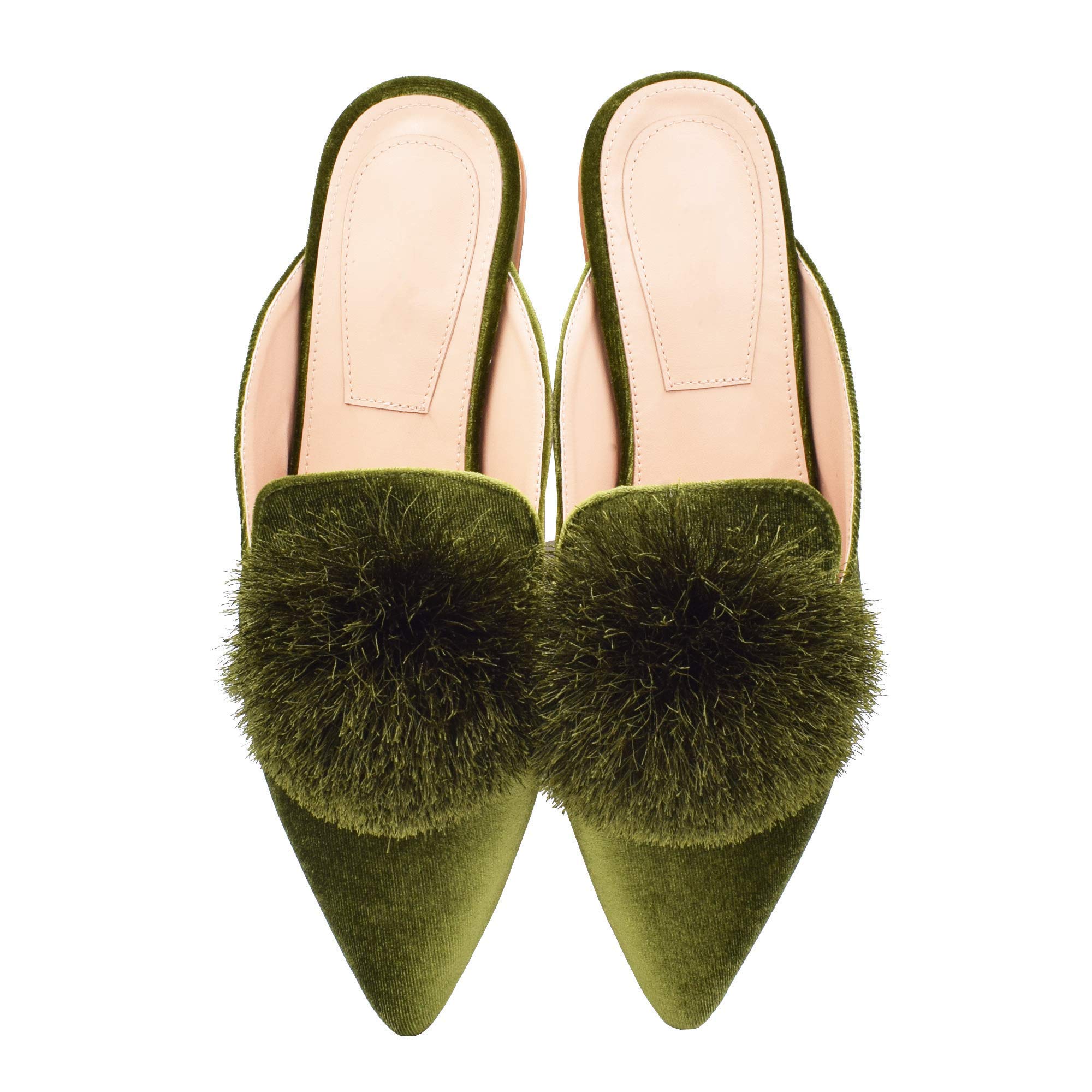 Fericzot Women's Slip On Mule Loafers - Backless Pointed Toe Flats with Puff Pompom Detail - Comfortable Casual Shoes & House Slippers for Women - Perfect for Home, Office, and Daily Wear