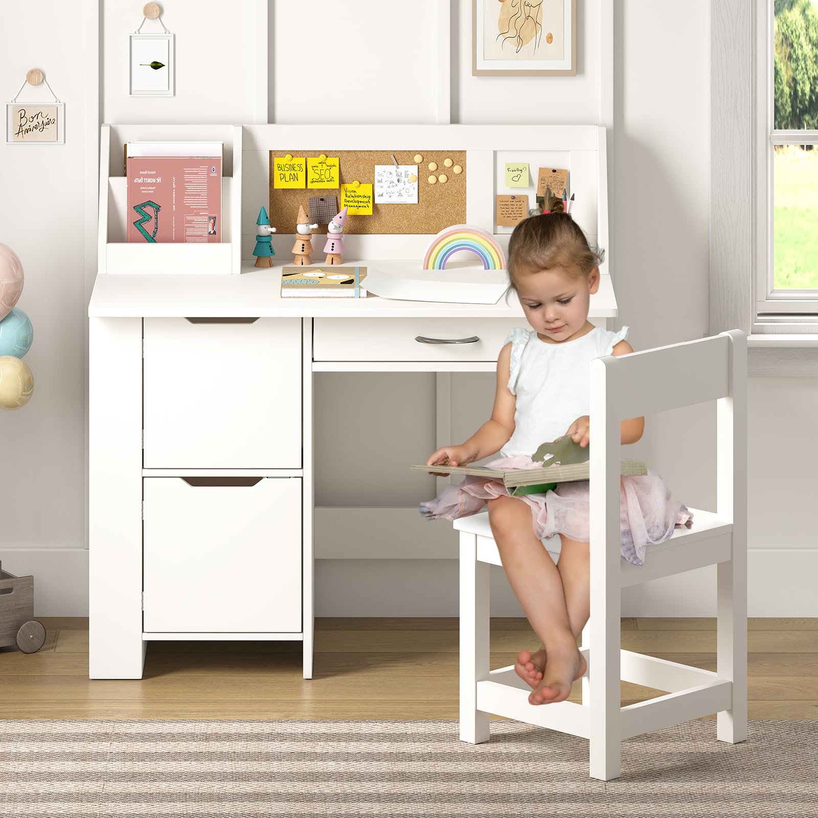 White Kids Desk with Chair Set - Wooden Study Table for Boys & Girls, Computer Desk with Storage Drawers, Bookshelf & Bulletin Board - Perfect for Homework, Online Learning & Craft Activities