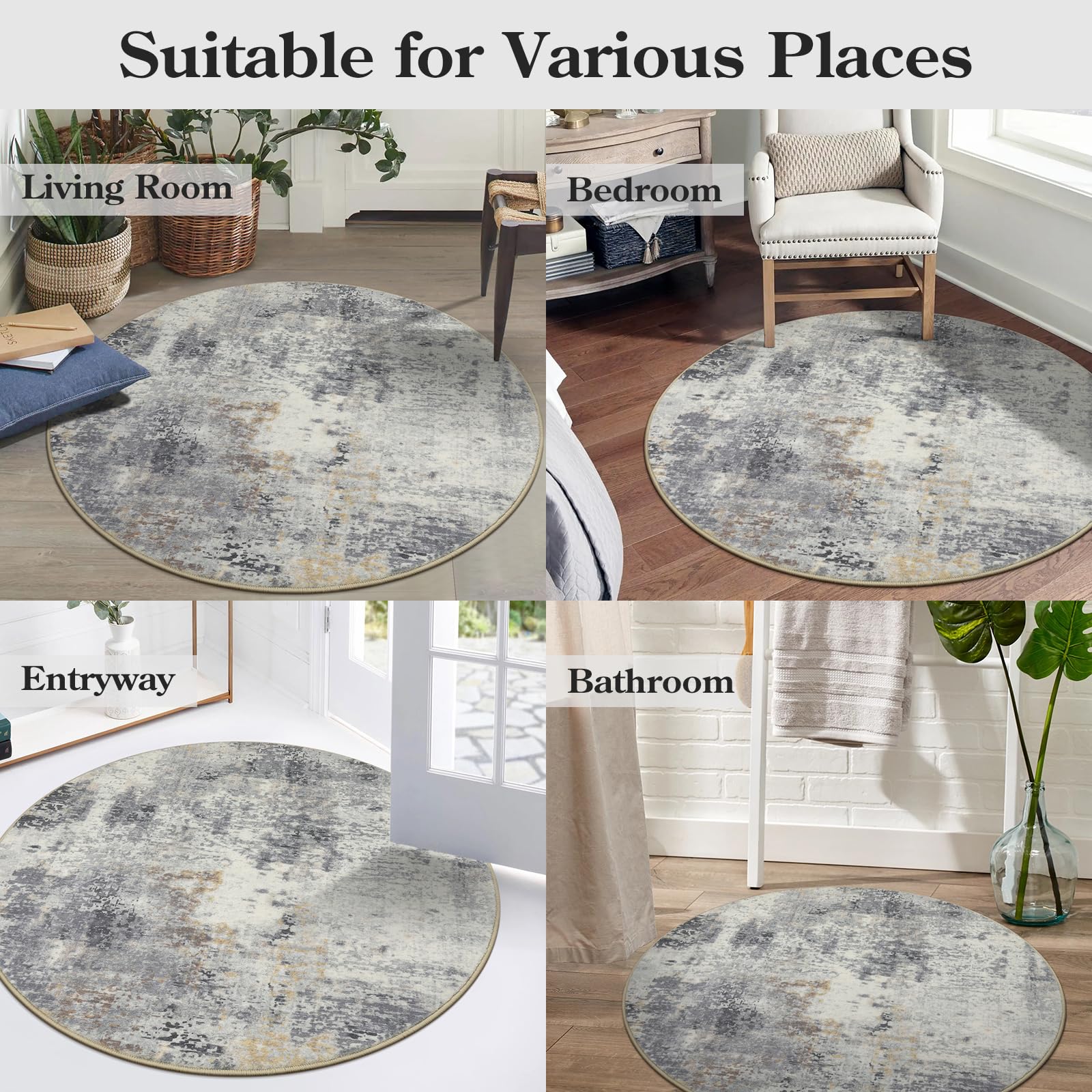 Lahome Modern Abstract Round Area Rug - 6 Feet Gray Circle Rug for Living Room, Soft Dining Room Carpet Under Table, Machine Washable Non-Slip Large Floor Mat for Bedroom, Office, Kitchen & Entryway | Perfect for Home Decor, Cozy Spaces & High Traffic Areas