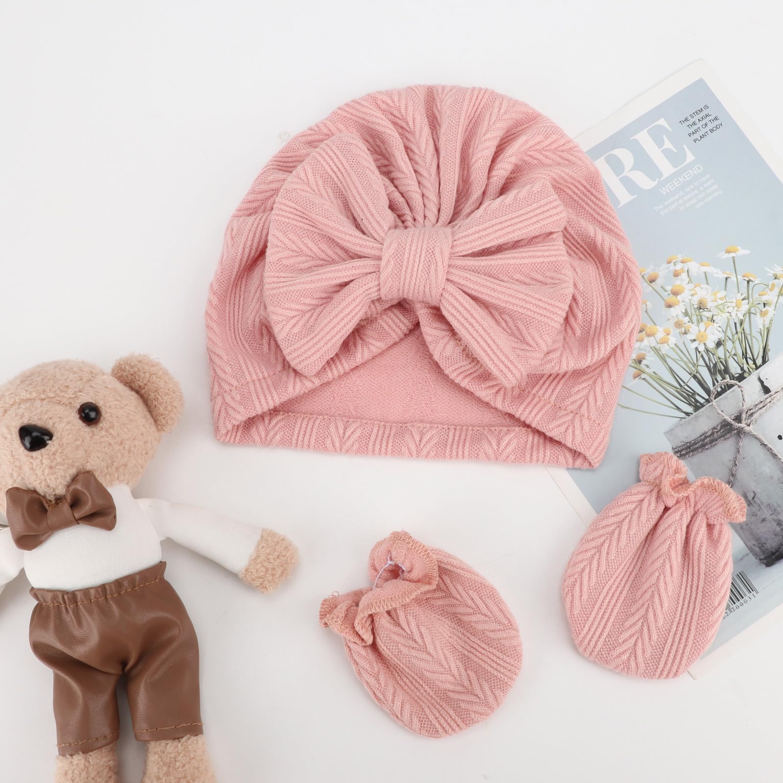 Newborn Baby Hats and Mittens Set - Soft Infant Bow Beanie Cap & Toddler Gloves for Baby Boy & Girl - Perfect for Hospital, Photography & Winter Outfits