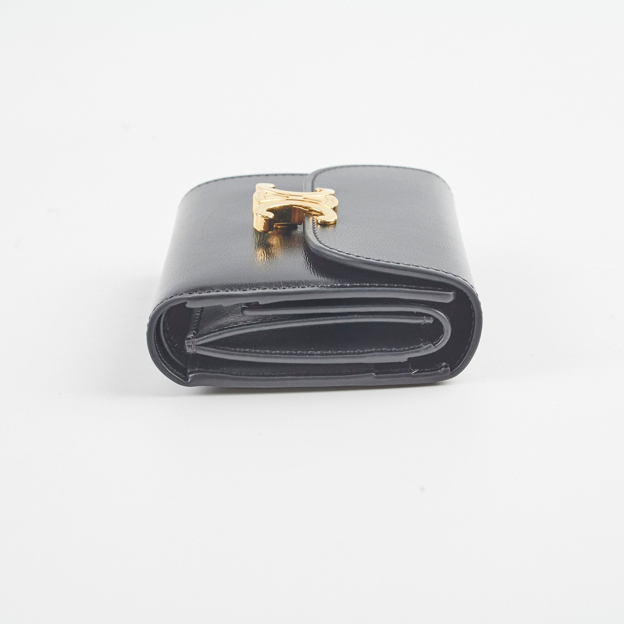 Celine Compact Wallet with Coin Pocket Triomphe Logo in Shiny Calfskin Leather - Perfect for Everyday Use & Travel Essentials