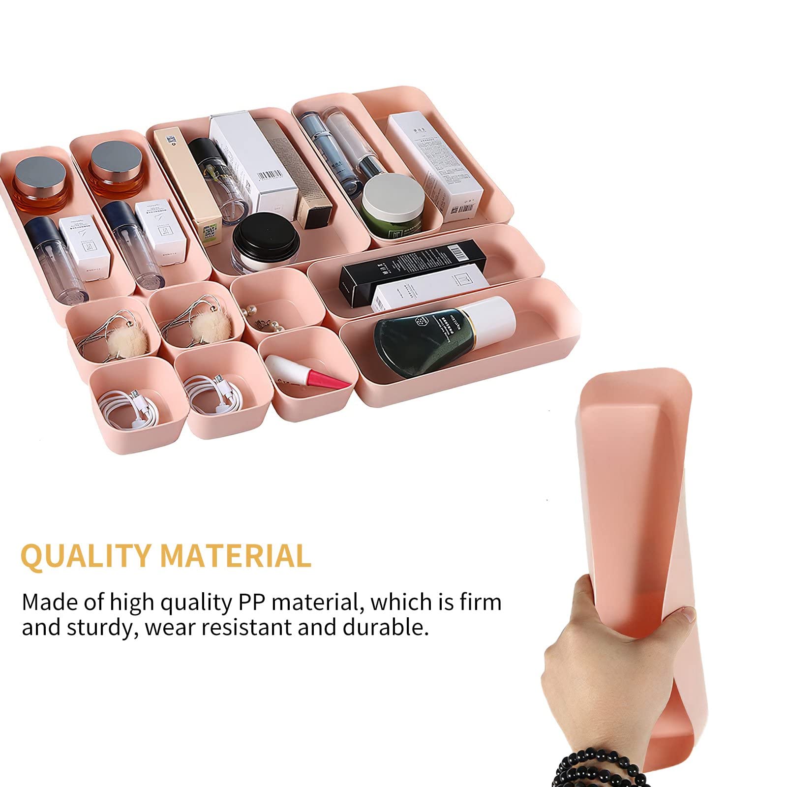 12-Piece Plastic Drawer Organizer Set - Vanity Storage Bins & Trays with Dividers for Makeup, Office, Bathroom, Dresser & Kitchen - Pink (39289) | Perfect for Clutter-Free Organization at Home & Work