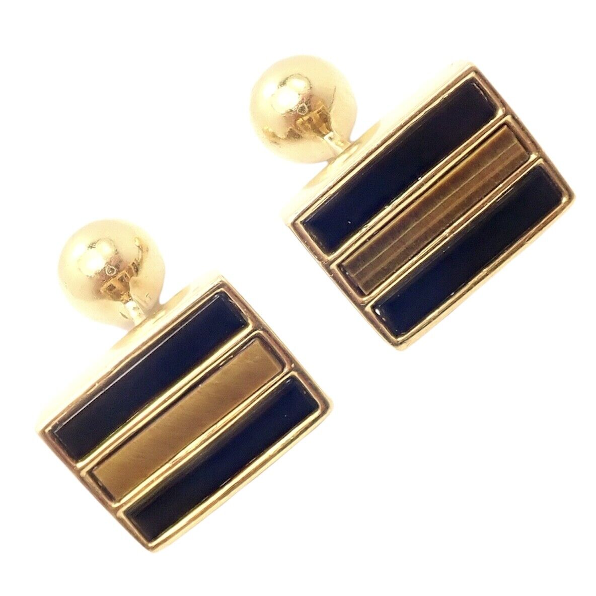 Vintage Tiffany & Co. 18k Yellow Gold Onyx Tiger Eye Cufflinks for Men - Classic Luxury Dress Accessories for Weddings, Business Meetings & Formal Events