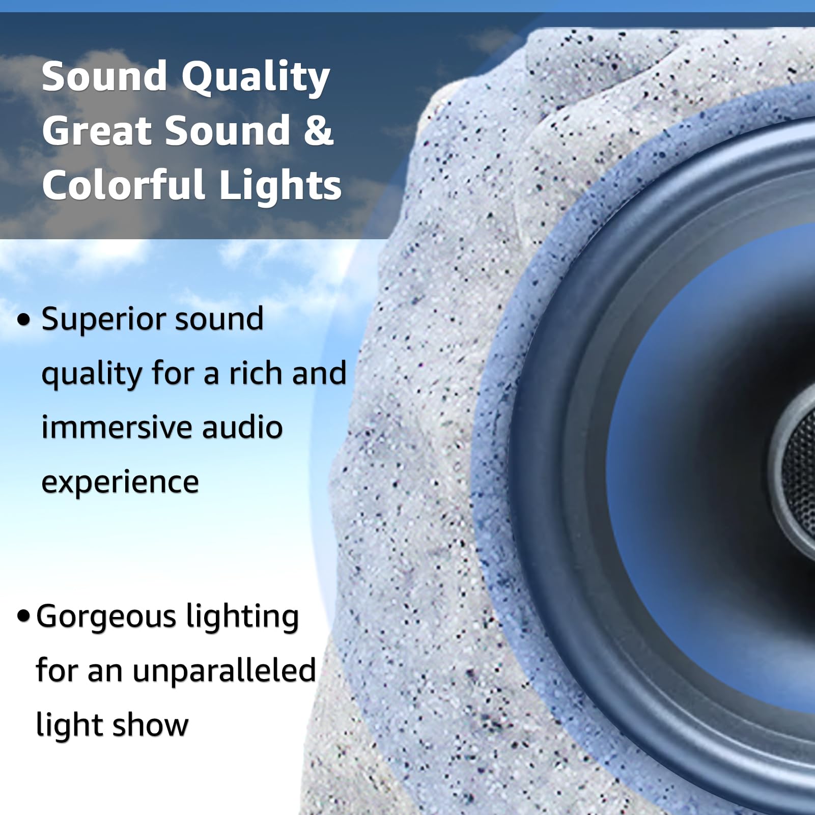 Outdoor Rock Speakers 2 Pack - Solar Powered, Waterproof, Wireless Bluetooth Portable Speakers with RGB Lights for Patio, Pool, Deck, Yard & Garden - Perfect for Outdoor Parties, BBQs & Backyard Entertainment