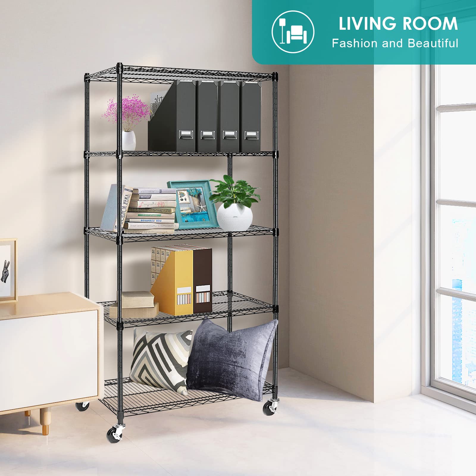 5-Tier Heavy Duty Adjustable Wire Shelving Unit with Locking Wheels - NSF Certified Metal Storage Rack for Kitchen, Pantry, Laundry, Garage & Office Organization - 17.7