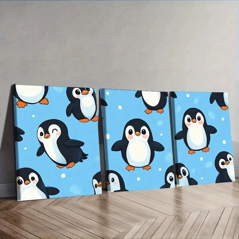 3-Piece Cute Penguin Wall Art Set - Framed Canvas 40x60cm - High Quality Print - Australian Made - Ready to Hang - Perfect for Nursery, Kids Room & Coastal Home Decor