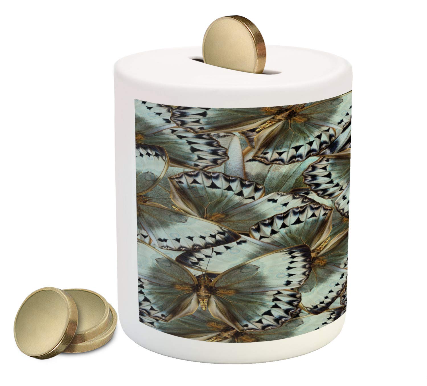 Ambesonne Exotic Butterfly Piggy Bank - Ceramic Money Box with Jungle Queen Animal Wings & Nature Moth Transform Print for Cash Savings (Almond Green/Black) - Perfect for Kids' Savings, Home Decor & Unique Gift Ideas