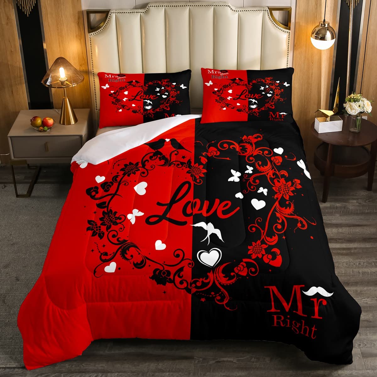 Romantic Butterfly & Floral Print Queen Size Duvet Cover Set - Valentine's Day Gift for Couples, Women & Girls - Black & Red Quilted Bedding with Nature Flowers Design - Perfect for Anniversary, Wedding & Master Bedroom Decor