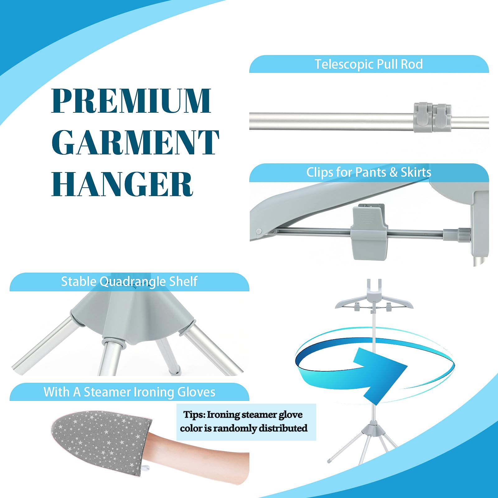 Adjustable Garment Steamer Rack & Ironing Glove Set for Clothes - Portable Mini Ironing Board with Hanging Hook - Perfect for Travel, Home & Professional Garment Care (Grey)