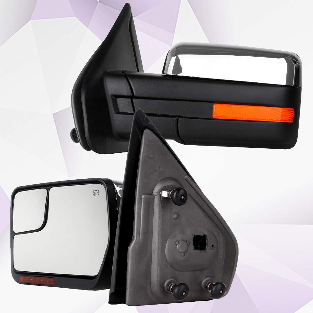 Heated Power-Adjustable Towing Mirrors for Ford F150 (2004-2014) & F250 (1997-1999) - Driver & Passenger Side with Turn Signal & Puddle Light - Chrome Housing - Perfect for Towing, Camping & Off-Road Adventures