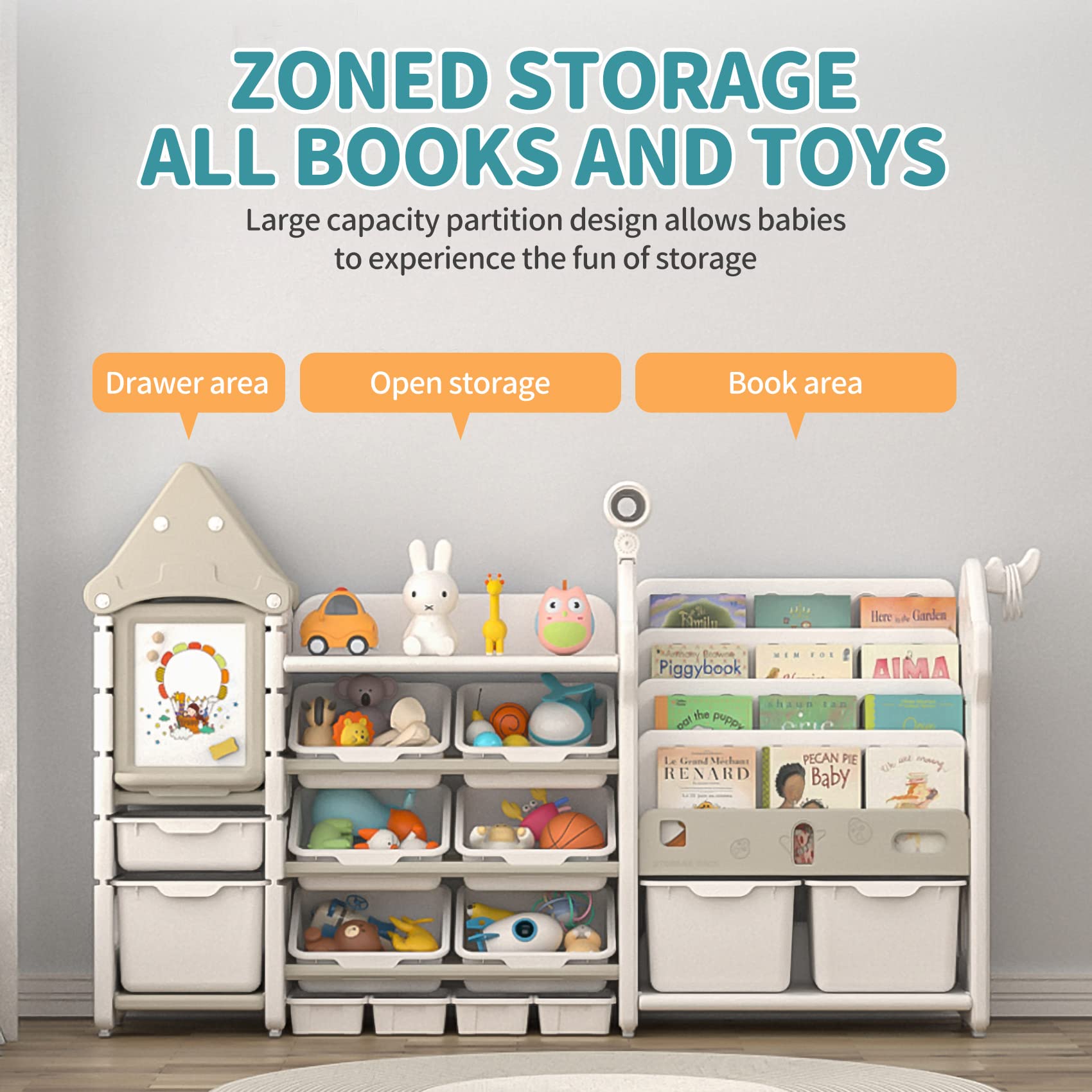 UNICOO Kids Toy Storage Organizer & Bookshelf with Bins - Multifunctional Toy Shelf Organizer for Playroom, Nursery, Bedroom - Perfect for Organizing Toys, Books, and Kids' Room Decor