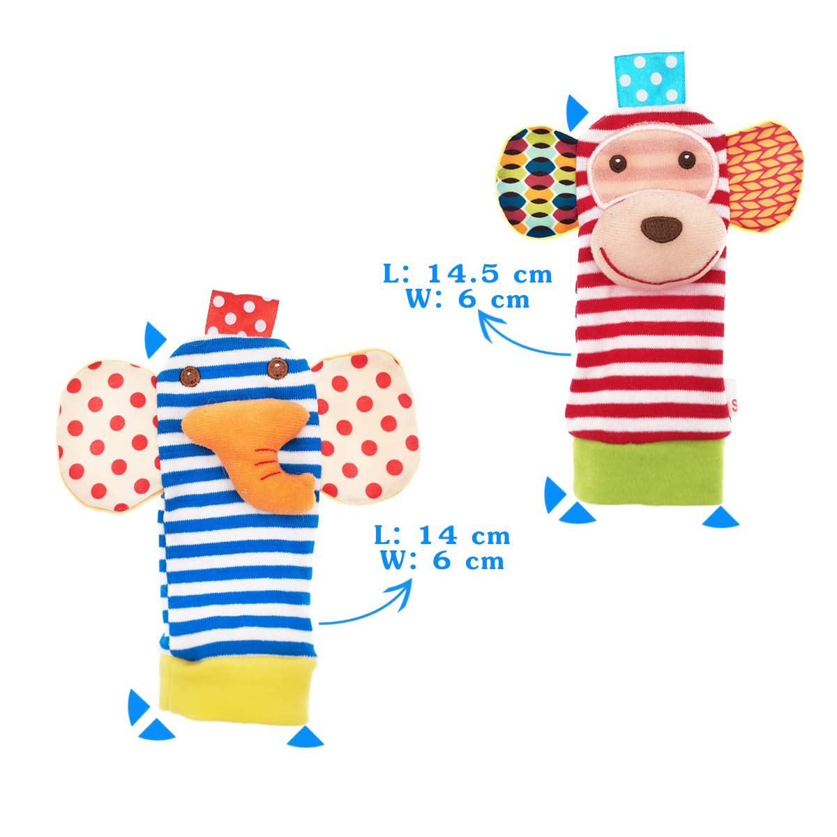 URUTOREO Baby Wrist & Foot Rattles with Socks Set - Soft Animal Rattle Toys (Monkey & Elephant) for Newborns & Infants - 4 Piece Developmental Toy Gift for Baby Shower & Playtime