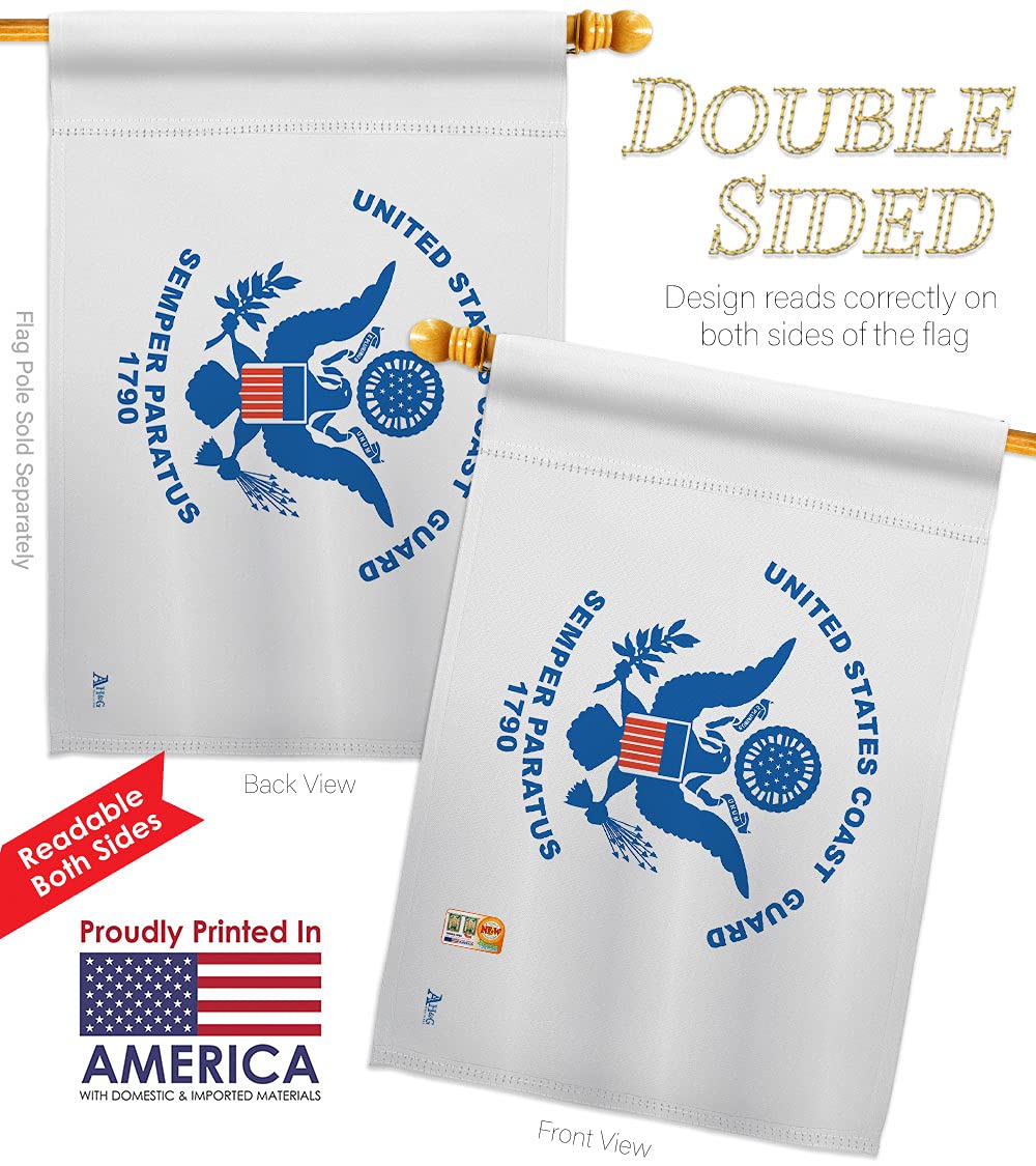 US Coast Guard Garden House Flags Kit - Double-Sided 28x40 Inch Armed Forces Yard Banner - USCG Semper Paratus Military Veteran Retirement Gift - Made in USA for Patriotic Home & Garden Decoration