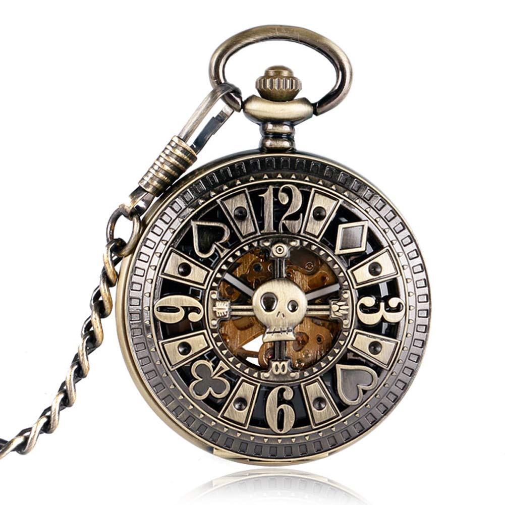 Automatic Mechanical Skull Pocket Watch for Men - Bronze Poker Pendant Watch with Chain - Vintage Gift for Collectors & Steampunk Enthusiasts (Perfect for Cosplay, Gifts, and Antique Watch Collections)