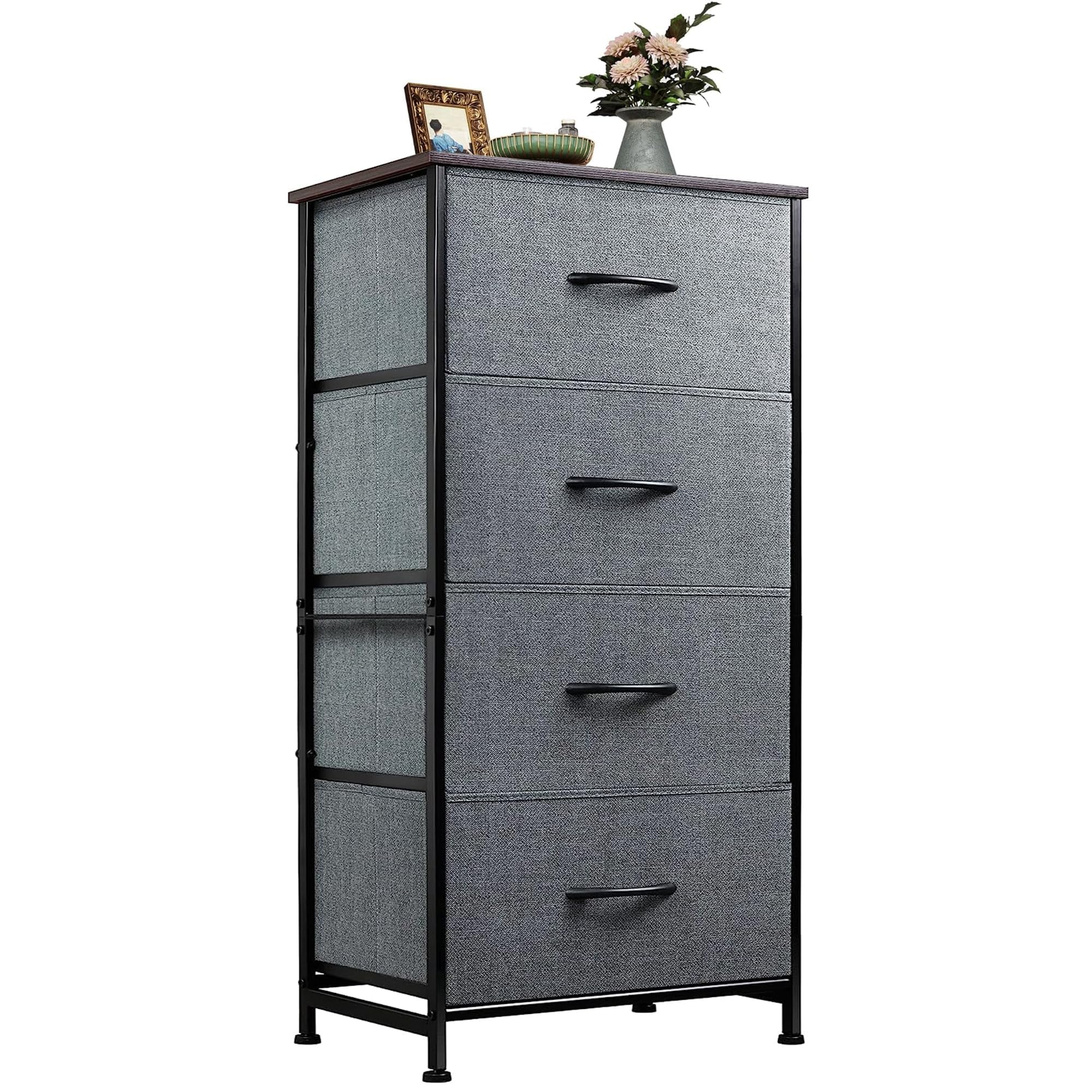 WLIVE 4-Drawer Fabric Dresser with Sturdy Steel Frame & Wood Top - Storage Tower Organizer for Bedroom, Hallway, Entryway & Closets - Easy Pull Handle, Dark Grey - Perfect for Small Space Organization & Closet Storage Solutions