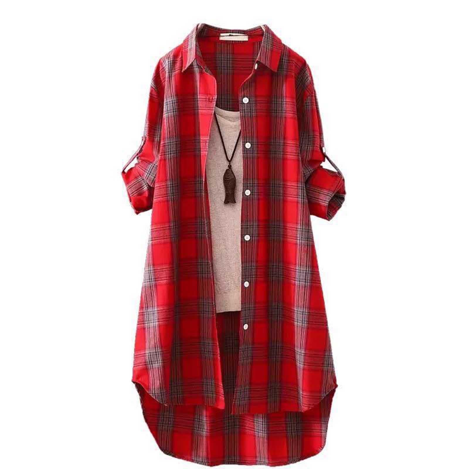 Women's Plaid Long Shirt - 2025 Spring Summer Fashion Plus Size Oversized Beach Cover Up | Cute Long Sleeve Lightweight Jacket for Casual Wear, Vacation & Outdoor Activities