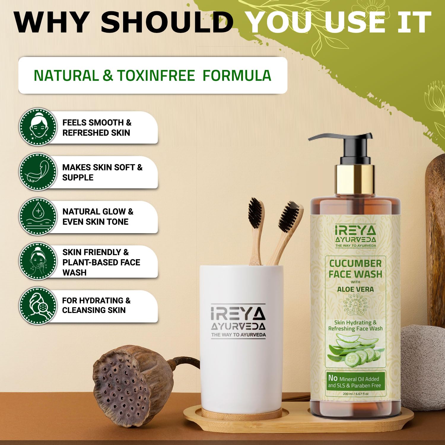Cucumber Aloe Vera Face Wash 200ml - Natural & Vegan Facial Cleanser for Men & Women - With Cucumber Extract & Aloe Vera Gel - Pure, Cruelty-Free Skincare by Ireya Ayurveda - Perfect for Daily Cleansing & Hydration