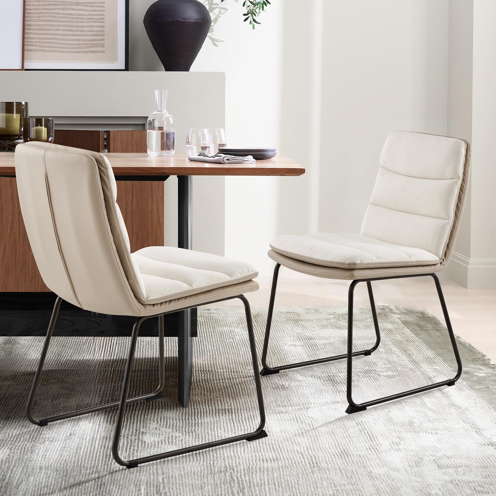 Modern Upholstered Dining Chairs Set of 2 - PU Leather & Fabric Kitchen Side Chairs with Sturdy Metal Legs, Cream - Perfect for Home Dining Room, Breakfast Nook & Small Space Decor