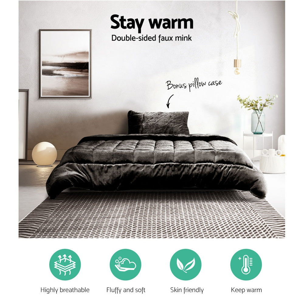 Premium Faux Mink Quilt Fleece Throw Blanket - Soft & Cozy Comforter Duvet Cover - Charcoal Grey Single Size - Perfect for Bed, Sofa, and Winter Nights