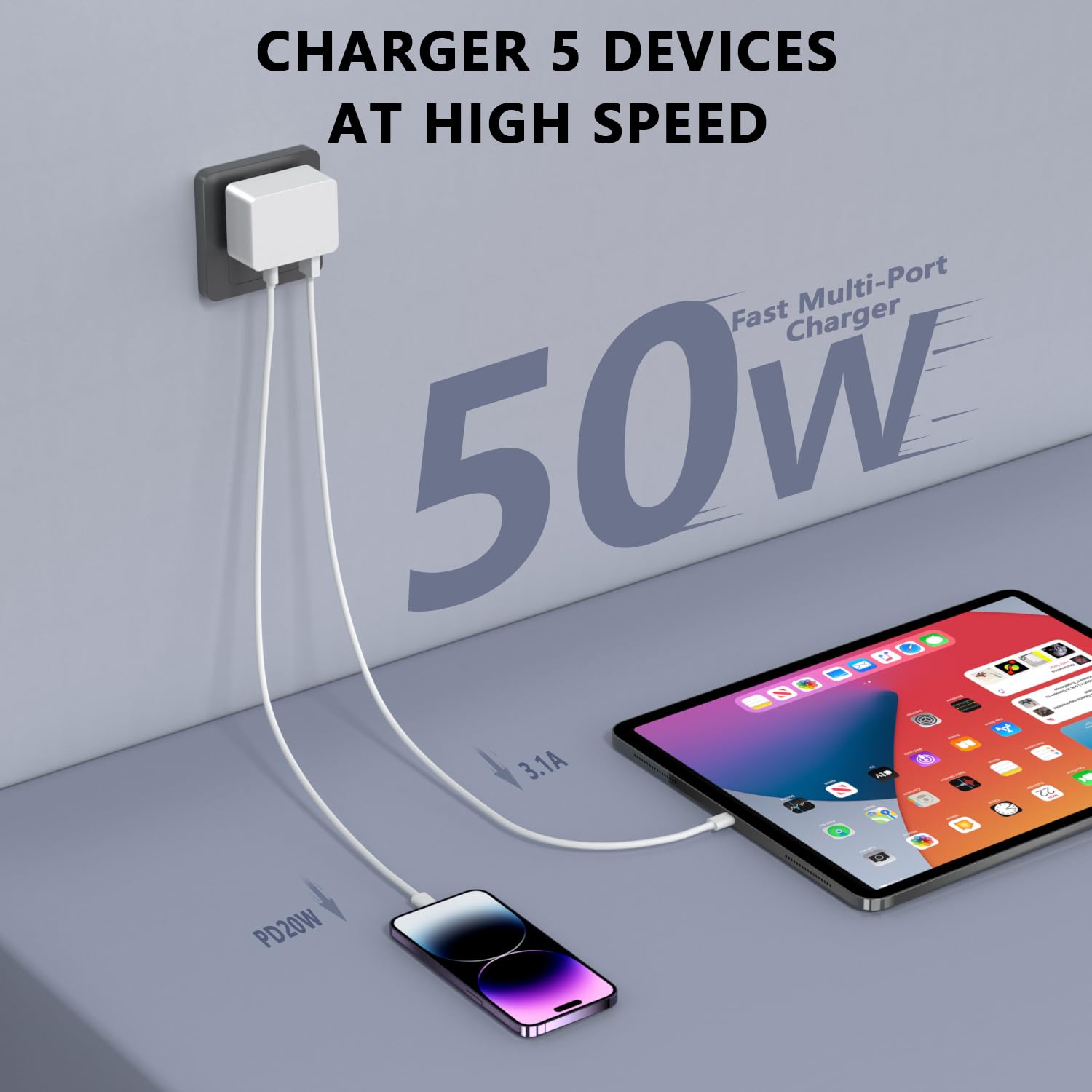 50W USB C Fast Charger with 5 Ports - Multi USB Charging Block for iPhone 16/15/14/13/12/11/SE, Samsung Galaxy, Android Phones - Compact Travel Charger for Home, Office, Car & Airplane Use