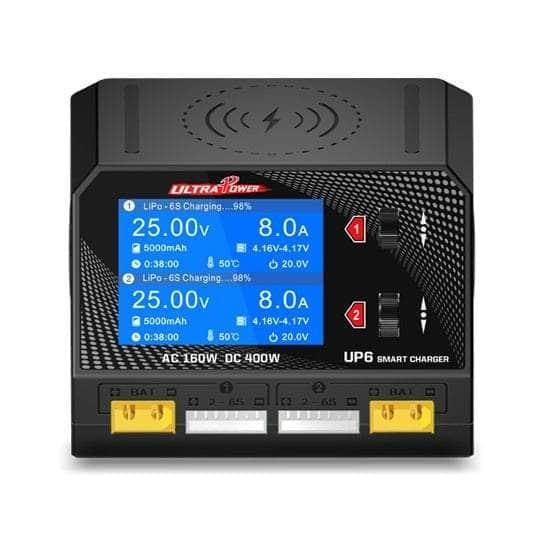 UltraPower UP6 200W 10A 1-6S LiPo/LiHV Dual Channel AC/DC Battery Charger for RC Drones, Cars, and Airplanes - Fast Charging with LCD Display (Cables Not Included)