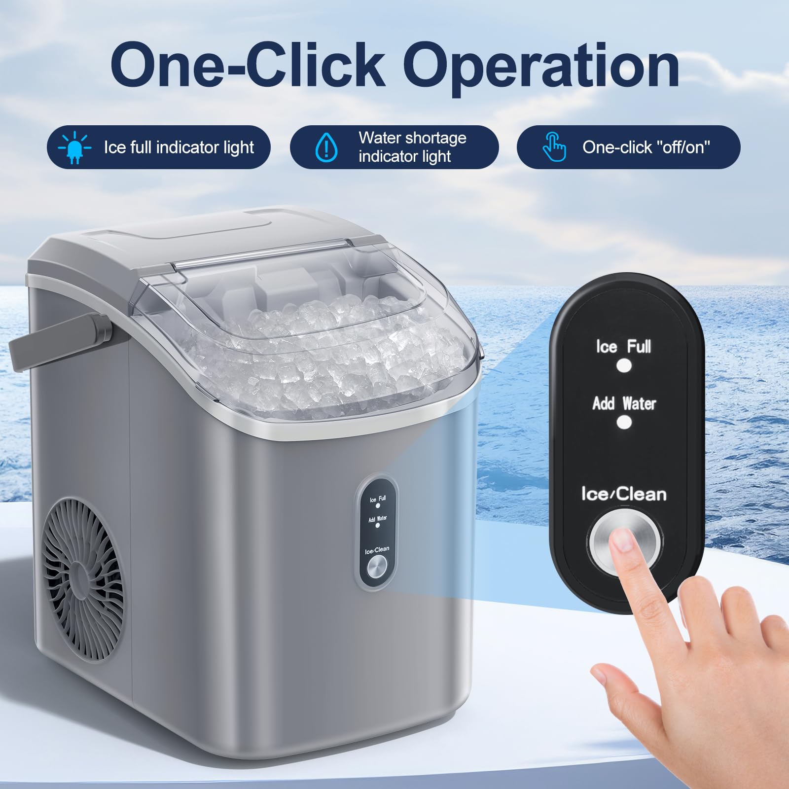 ZAFRO 35.5Lbs/24H Portable Ice Maker with Handle - Fast 7-Minute Ice Making, One-Click Operation, Includes Ice Basket & Scoop (Grey) - Perfect for Home, Office, RV, and Outdoor Parties