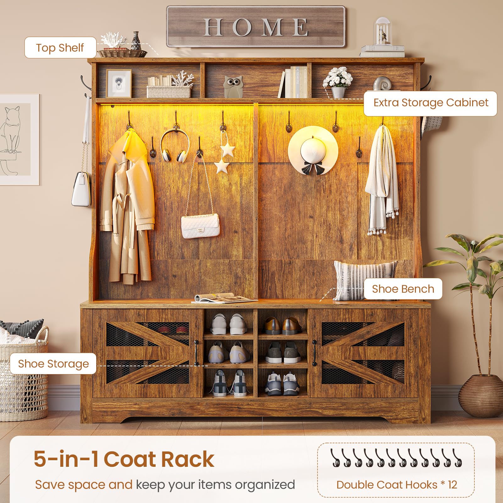 Itaar 5-in-1 Hall Tree with Bench, Shoe Storage & Coat Rack - 16 Shoe Cubbies, 12 Coat Hooks, Barn Door & Adjustable Shelf - Rustic Brown Entryway Organizer for Mudroom, Foyer or Home Decor