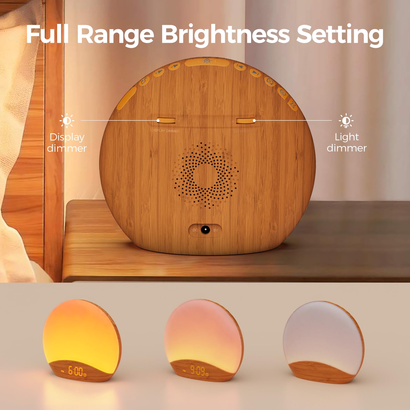 REACHER Wood Grain Sunrise Alarm Clock & Sound Machine with Nightlight - Digital Dimmable Bedroom Clock, 26 Soothing Sleep Sounds & White Noise for Babies, Adults & Kids - Perfect for Gentle Wake-Ups, Nursery, Office & Meditation Rooms