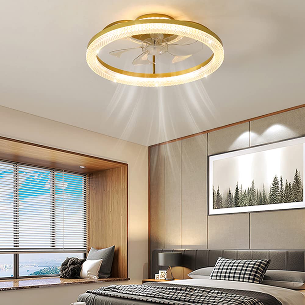 LITFAD Brushed Gold Circular Ceiling Fan with LED Light - Dimmable Modern Semi-Flush Mount Lighting Fixture, 110V-120V, Includes Remote Control - Perfect for Bedroom, Living Room, and Office Spaces