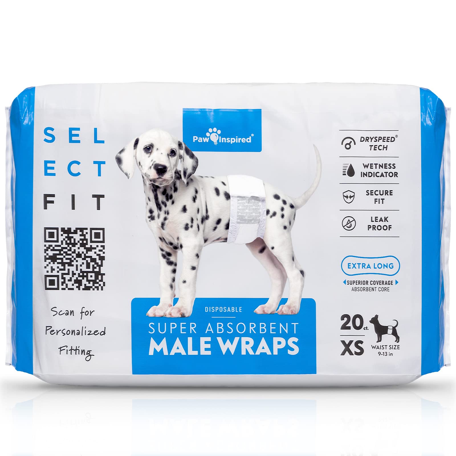 Paw Inspired Select Fit Male Dog Diapers - Disposable Belly Bands with Wetness Indicator for Small, Medium & Large Dogs (XS, 20 Count) | Perfect for House Training, Travel & Senior Dogs with Incontinence Issues