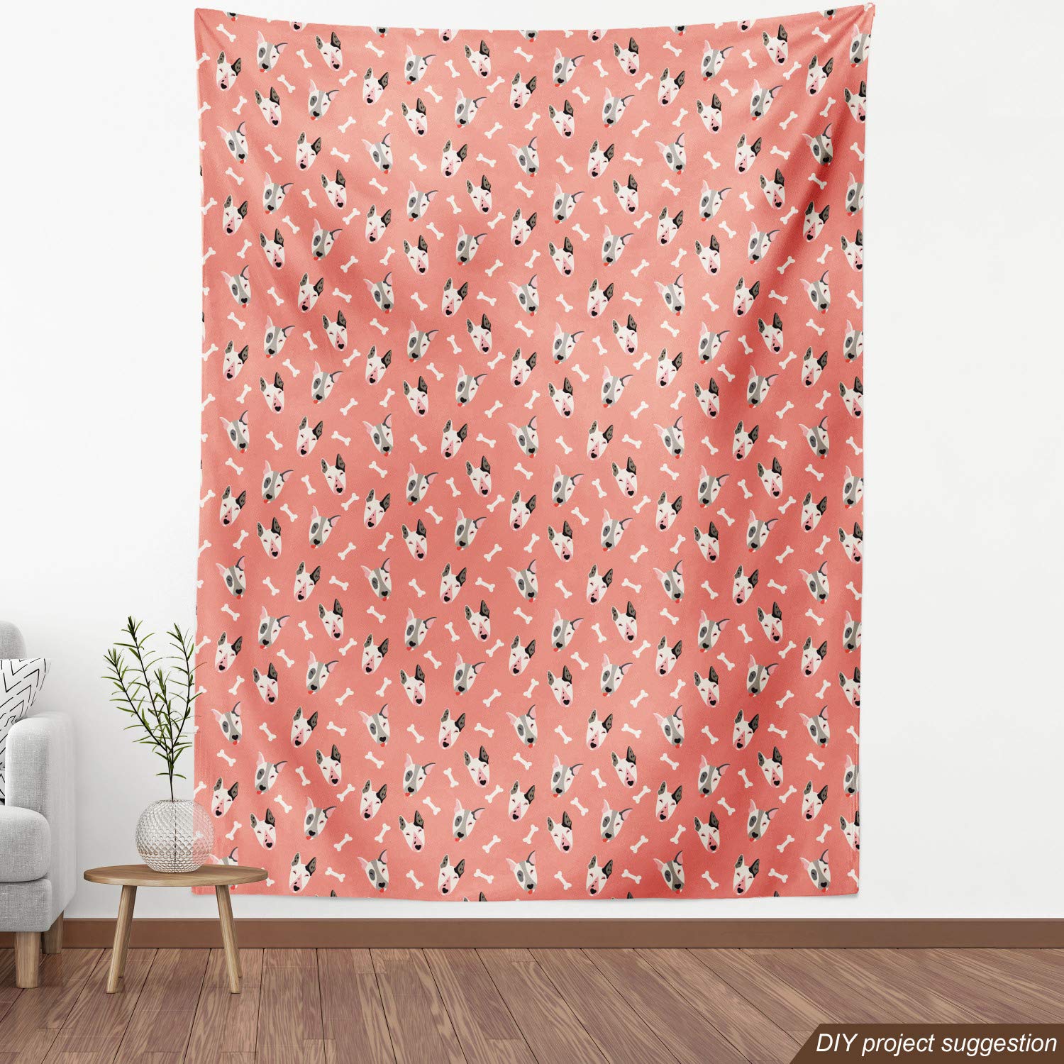 Ambesonne Playful Bull Terrier Dog Faces Cartoon Fabric by The Yard - 1 Yard Coral Off White Upholstery Material for DIY Home Decor, Pet Lover Gifts & Nursery Accents | Perfect for Pillows, Curtains & Craft Projects